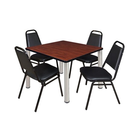 Kee Kee Square Table & Chair Set, Wood, Metal, Vinyl Top, Cherry TB4242CHBPCM29BK